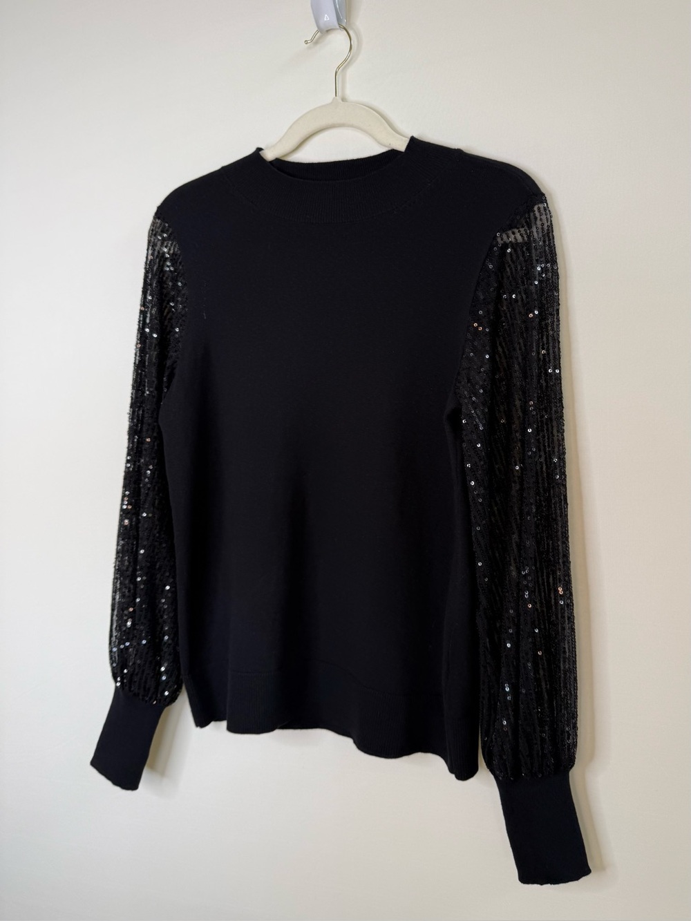 CeCe Sheer-Sequin-Sleeve Mock-Neck Cotton Sweater Rich Black - Size XS (NWOT) - Picture 5 of 10